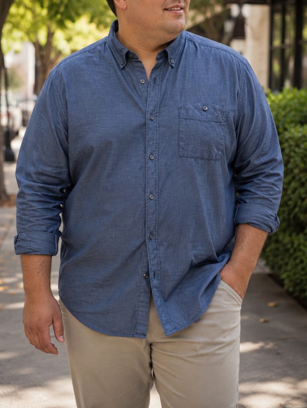 Mexx Men’s Blue Chambray Button Down Shirt Long Sleeve Plus Size Casual